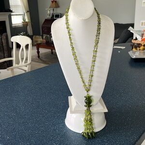 Vintage long green double strand beaded necklace with 5 1/2” beaded tassel